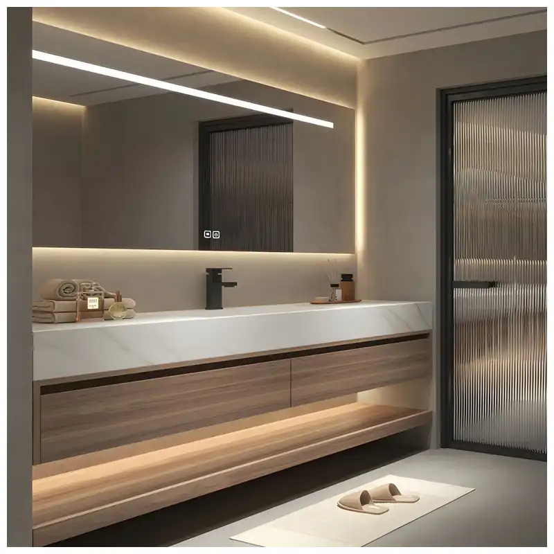 Alignement intégré des drains d'évier avant la production de vanités d'hôtel